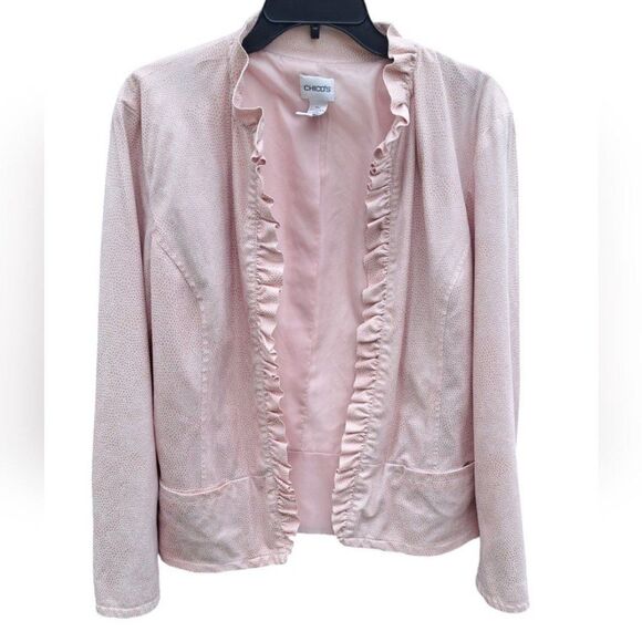Chico’s Pink Ruffle Snake Print Blazer Jacket Chico's size 2 - Picture 1 of 7